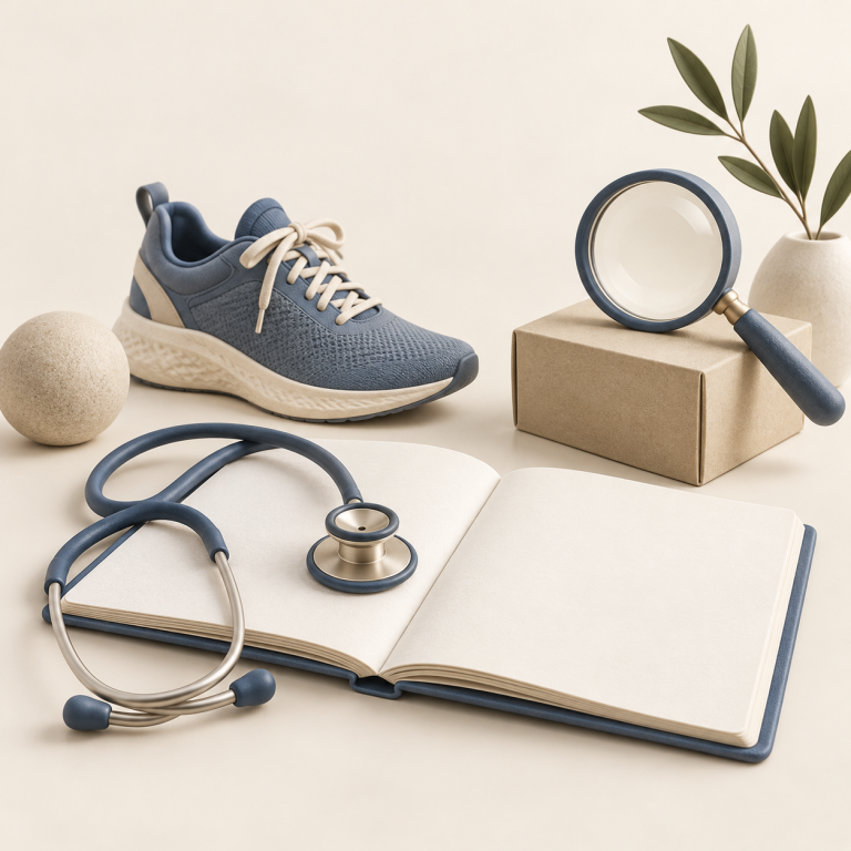 Illustration d’un carnet, d’un stéthoscope, d’une chaussure et d’une loupe : consultation, mouvement et choix des soins.